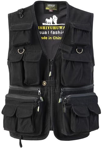 SUSHIMIAN Gilet de Pêche pour Homme Multi-Poches Gilet Reporter de Plein air Veste sans Manches de Travail Gilet de Chasse Photographie, Noir, XL