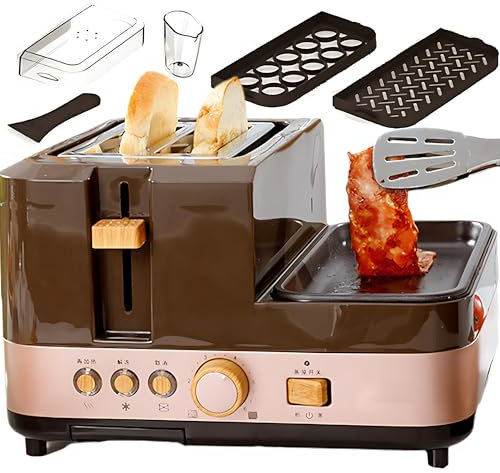 4-i-1 frukostmaskinsstation, 850 W elektrisk frukostmaskin med stekpanna och kokt äggpanna, 6 nivåer av temperaturkontroll och automatiskt studsande tillbaka, multifunktionell brödrost för hemmet