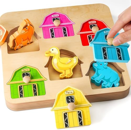 KmmiFF Holzpuzzle 1 jahr, Bauernhof Tier Greifpuzzle Holzspielzeug, Motorikspielzeug Sortierspiel Lernspielzeug Babyspielzeug, Geburztag Ostern Geschenk für Mädchen Jungen Kinder Baby 12 18 Monate 1 2