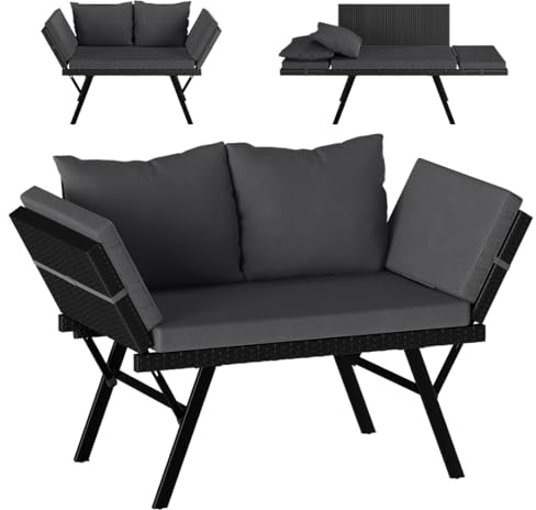 STEELSØN Elytra Gartenbank mit Auflagen & Kissen – klappbares Loungesofa schwarz – Rattan Sonnenliege wetterfest – Terrassen Sitzbank Liegefunktion bis 177 cm – Gartencouch mit verstellbaren Armlehnen