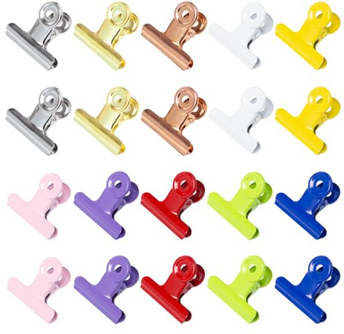 Sxutop 20 Piezas 38mm Bulldog Binder Clips, Pinzas de Papel Metálicas Bisagra Clip Archivo Abrazaderas Pinza de Etiquetas para Bolsas de Alimentos, Fotos, Fuente de Oficina en Hogar(10 Colours)