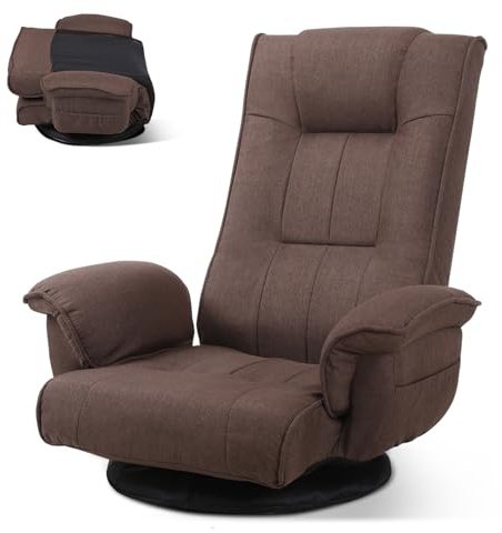 Linen Fabric Ergonomic Gaming Chair, 6-Position Reclining Sofa Bed with Lumbar Support, Foldable Floor Lounger with Thick Cushion, Armrests & Side Pockets for Esports, Reading, Napping (Brown)