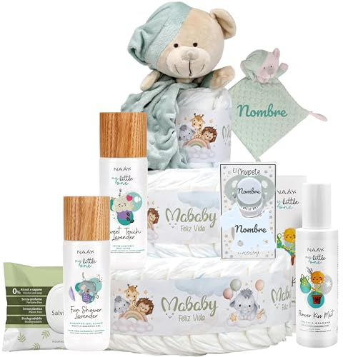 Mababyshop Tarta de Pañales Personalizada Lavender de 3 Pisos, 42 Pañales Talla 2, Doudou Osito Bordado, Chupete y Broche con Nombre, Set de Higiene y Toallitas, Regalo para Bebé Original(Verde)