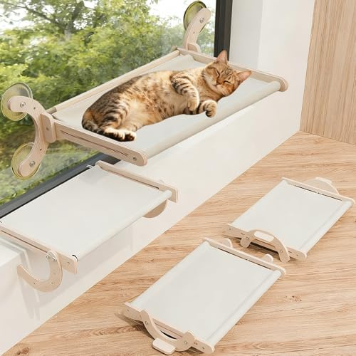 Tianher Cat Hammock, Cat Window Bed Hammock Adjustable Bedside Shelf Foldable Durable Cats Windowsill Perch Non-Drilling Wooden Ledge Load Capacity 20kg (45x40cm)