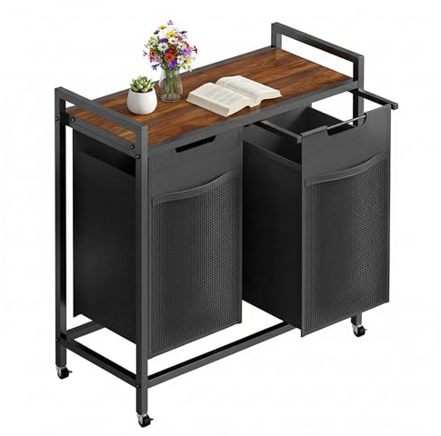Simple Deluxe Laundry Hamper with Shelf & 2 Pull-Out Bags, 2×11.2 Gal (85L) Rolling Sorter Cart, Heavy-Duty Organizer for Bathroom, Bedroom, Dorm, Rustic Brown and Black