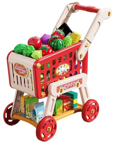 Carrito de Compras para niños de - Juego de Carrito de ABS Rojo de 46,5x26x51 cm, Comida Falsa de 20 Piezas, Accesorios de Cocina para Jugar, Juego de simulación de comestibles |