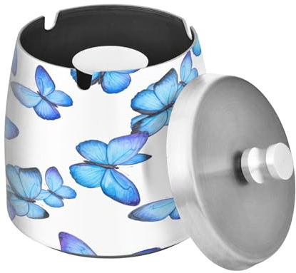 Posacenere in acciaio inox con coperchio, antivento, senza fumo, inodore, per interni ed esterni, con farfalle blu, posacenere decorativo per tavolo, casa, ufficio, patio