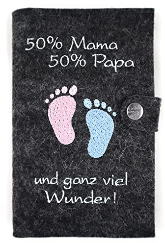 Custodia Deluxe per libretto gravidanza 50% Mama 50% Papa... und ganz viel Wunder con extra tasche e chiusura in feltro di lana 100% - prodotto in Germania