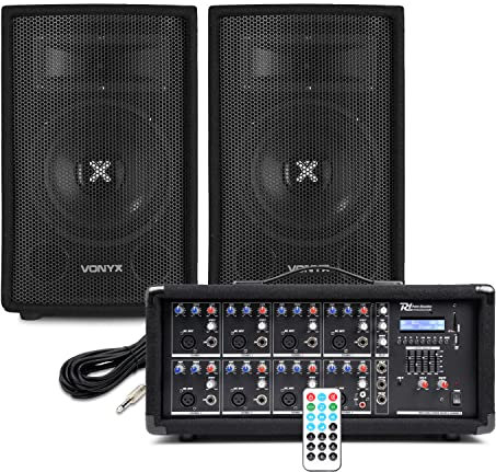 Complete PA System for Bands, Churches, and Singers – Includes 2x 8-inch Passive PA Speakers, 800W Powered Mixer with Bluetooth, USB, EQ, and 2x 6m Speaker Cables – Ideal for Small Gigs and Events