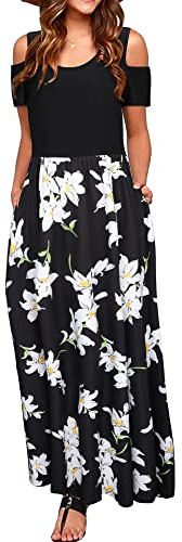 STYLEWORD Women's Summer Cold Shoulder Short Sleeve Maxi Dress Floral Print Elegant Long Dress with Pockets