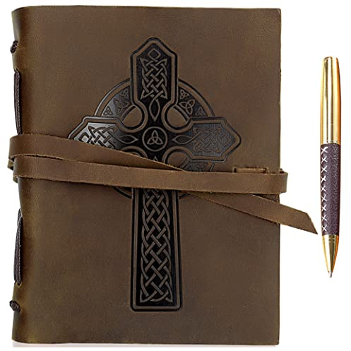Quaderno Appunti in Pelle Croce Celtica – A5 Diario di Viaggio Taccuino Pelle Donna e Uomo Fatto a Mano – Agenda Pelle con Fogli Bianchi – 21 x 15 cm (8 x 6) – Idee per Regali Originali