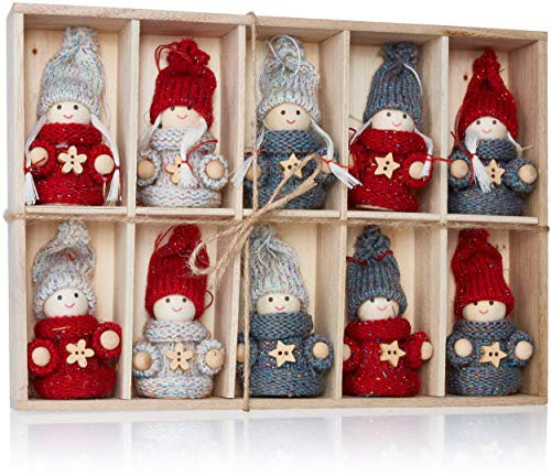 BRUBAKER 10-teiliges Set Weihnachtswichtel aus Holz und Strick - Baumanhänger Weihnachtsanhänger - 8 cm in Geschenkbox