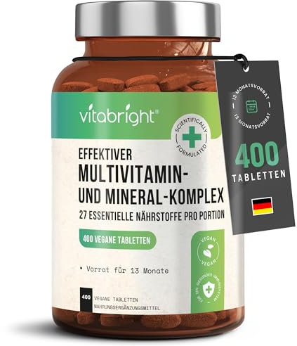 Multivitamin Tabletten Hochdosiert 400, 13 Monate Vitamine, Mineralien & Ergänzungsmittel A-Z vitamine und mineralstoffe, Nahrungsergänzungsmittel Frauen/Männer, VitaBright Vegan Multivitamin Komplex