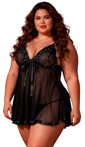 ohyeahlady Nuisette Femme Sexy Hot Transparent Grande Taille | Babydoll Maille,Chemise De Nuit Chic ,Robe Sexy Grande Taille,Bretelles Réglables,Tenu Hot, Vêtement De Nuit,Avec String