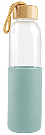 Birambeau - Bouteille en Verre - 550mL - Bouteille d’Eau en Verre - Gourde Réutilisable - Housse en Silicone Verte - Bouchon Bambou - Corde, Green