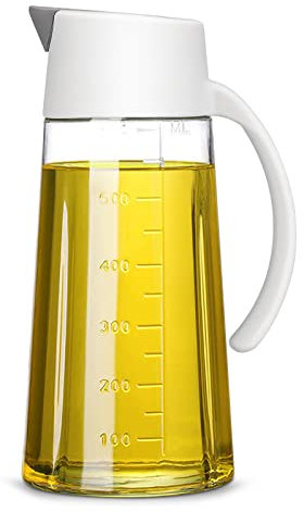 Tigerkinwit Bottiglia per Aceto e Olio 650 ml Apertura Automatica Olio Aceto Dispenser Bottiglie di Olio di Vetro con Manico Antiscivolo per BBQ Cucina(Bianco)