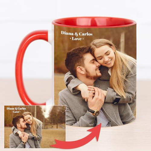 Wanapix | Taza Personalizada con Foto y Texto | Capacidad de 325ml | Taza de Cerámica con Diseño Único | Regalo para Amigos y Familiares | Apta para Microondas | Interior y Asa Color Rojo