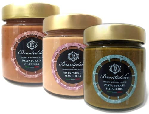 Brontedolci - TRIS DI PASTE PURE 100% - Pasta Pura di Pistacchio - Pasta Pura di Nocciola - Pasta Pura di Mandorle - 3x190gr.