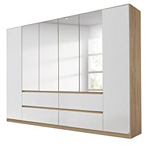 Rauch Möbel Mainz Schrank Kleiderschrank Drehtürenschrank Weiß-Eiche Sonoma, Holz, 6-türig Spiegel, 4 Schubladen inkl. Zubehörpaket Basic 4 Einlegeböden, 4 Kleiderstangen, grifflos BxHxT 271x210x54 cm