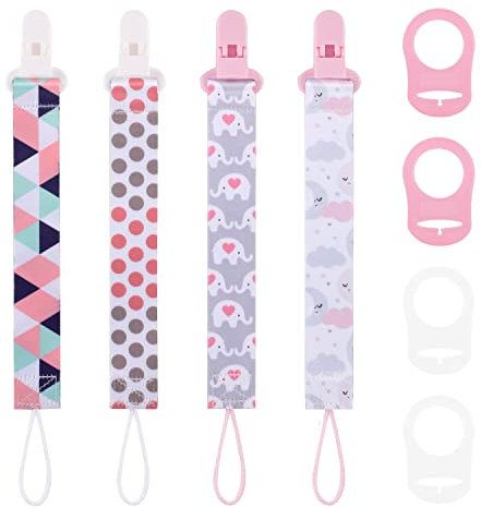 4 Stück Schnullerband Baby, Nuckelkette Clip mit 4 schnuller silikonring, Clip Schnullerband für Neugeborenen Jungen und Mädchen Baby Geburt Geschenk