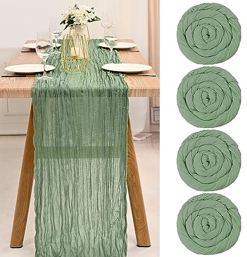 Teruntrue 4 Pack Sage Green Cheesecloth Table Runner Semi-Transparent Gauze Tablecloth 13 Feet Rustic Decorations for Kitchen Wedding Party Supplies(Sage Green, 400cm)