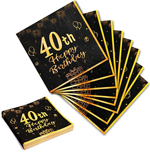 Geburtstag 40 Servietten, 20Stk Schwarze Gold Happy Birthday Servietten 33cm x 33cm Papierservietten für Mann Frau Mädchen Junge Geburtstags Deko Party Supplies Tischdekoration