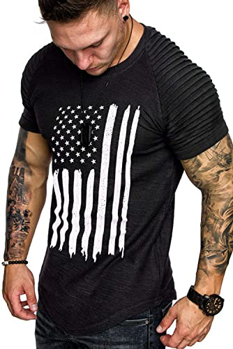 COOFANDY Men's Pleated Raglan Sleeve American Flag Shirts Gym Tee Short Sleeve Fashion Tee