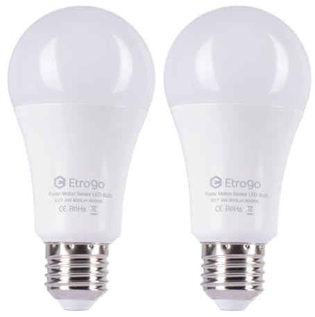 Etrogo LED Glühbirne mit bewegungsmelder und Dämmerung E27 9W 800Lm für Garage Veranda Einfahrt Keller (2 Stück, 6000K Kalt Weiß)