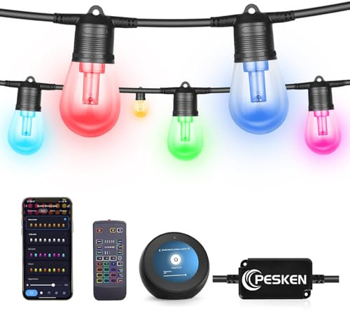 Pesken LED Lichterkette Außen, 15M Dimmbar Smart RGBCW Glühbirnen, Funktioniert mit Alexa & Google Assistant, IP65 Wasserdicht Outdoor Lichterkette bunt für Weihnachten Party Camping