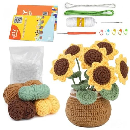 Dinntty Kit di Fiori all'Uncinetto per Principianti Set di Accessori Facili Lavorare con Istruzioni Kit per Uncinetto Fai Te con Bouquet di Fiori in
