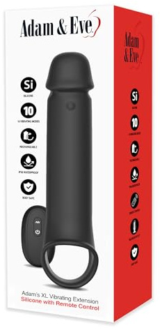 Adam & Eve Adams XL Vibrating Extension, Penis Sleeve Adds 3 Inches with Remote Control Vibration, Stretchy Ball Strap for Secure Fit, 10 Vibration Modes, Rechargeable Silicone, Couples Pleasure Toy