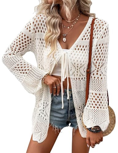 Donne Crochet Vest Leggero Tie Front Hollow out Manica Lunga Estate Maglia Copertina Giubbotti