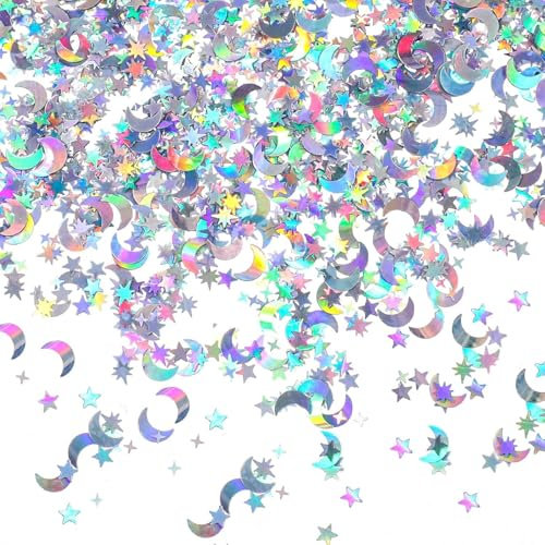 Little Star Confetti Glitter Moon and Star Sequin Birthday Table Scatter Decorations for Moon Birthday Wedding Baby Shower Table Confetti Party Decorations Silver 2000pcs