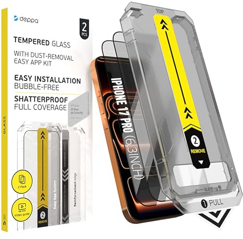 Deppa |2 Piezas| para iPhone 17 Pro (6.3) Cristal Templado Protector de Pantalla con Kit de Instalación Inteligente | Anti-Polvo y Sin Burbujas | Cobertura Completa, Antiarañazos, Antihuellas