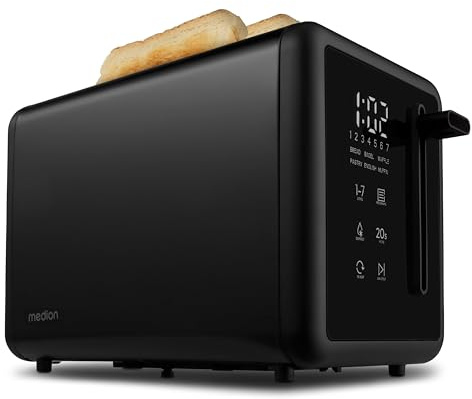 MEDION Toaster 2 Scheiben mit Brötchenaufsatz (7 Bräunungsstufen, 5 Automatikprogramme, 850 Watt, Auftauen, Aufwärmen, LED Sensor Touch Display, Krümelschublade, Edelstahl Matt, MD 12102) schwarz