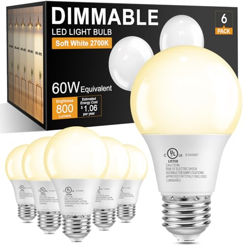 TJOY A19 Dimmable LED Light Bulbs, E26 Led Bulbs 60 Watt Equivalent, Warm Soft White 2700K, 800 Lumens Standard Base, Energy Saving Lightbulbs, Efficient 9W, 120V, 15,000 Hour Lifetime, 6 Pack