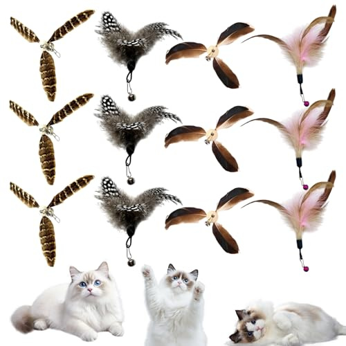 HEUIOP 12 Pcs Cat Feather Toy Replacements, Interactive Cat Toy with Natural Feathers, Interactive Teaser Wand Attachments with Bells for Indoor Cats Durable Detachable Feather Bells Replacements