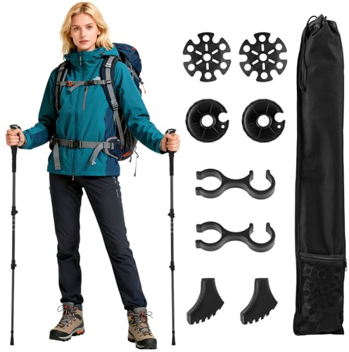 GOPLUS Baton de Marche Nordique 2 PCS Pliables avec 9 Accessoires en Aluminium, Léger, Bâton de Randonnée Télescopique et Réglable 95-130 CM avec Sangle Poignée, 2 Embout Caoutchouc pour Trekking
