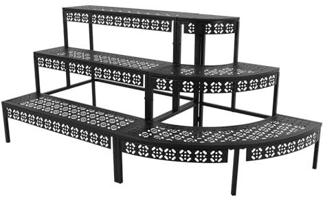 DCSYOG Banco de flores para exteriores, escaleras para flores, soporte para plantas de hierro de 3 niveles, diseño retro con patrón recortado, capacidad de carga de 15 kg por nivel, para interior y