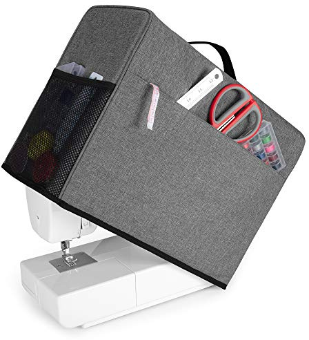CURMIO Funda Maquina Coser, Cubierta de la Máquina de Coser con Bolsillos, Funda Antipolvo Compatible con la Mayoría de Máquina de Coser Estándar como Singer y Brother, Gris (SÓLA BOLSA)