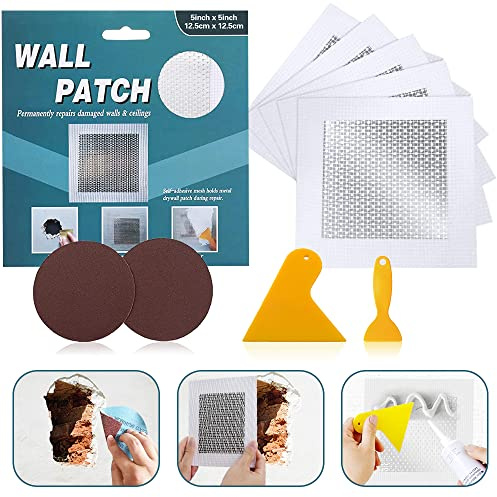 Tahikem 5'' by 5'' Wall Repair Patch, 5 Pcs Plasterboard Patch, Plaster Repair Kit, Safe Mend Plaster, Drywall Repair Adhesive, Filler for Walls Ceiling Hole, Self Adhesive Aluminum Mesh Wafll Repair