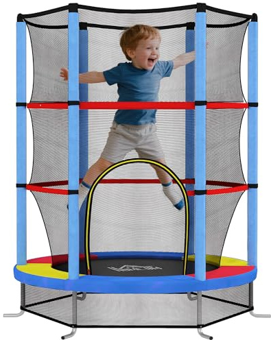 HOMCOM 4.6FT Kids Trampoline for Toddlers Indoor w/Enclosure Net, Steel Frame, for Ages 3-6 Years - Multicoloured