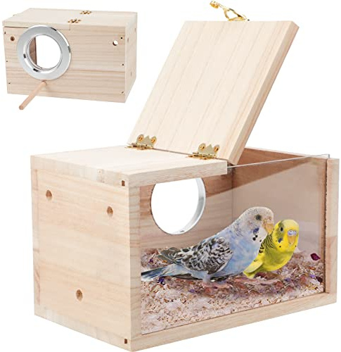 GINDOOR Parakeet Nesting Box Transparent Bird House for Cage Natural Wood Breeding Box for Parrot Parakeet Cockatiel Lovebirds Budgie Conure and Other Small Birds