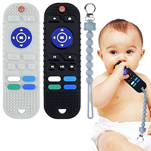 ZORRA 2 Pack BeißRing Baby, Silikon Zahnungshilfe Baby Mit Fallschutzkordel für 3-24 Monate Baby, BPA-frei Fernbedienung BeißSpielzeug Baby Baby Spielzeug für Baby Kleinkinder (Schwarz, Grau)
