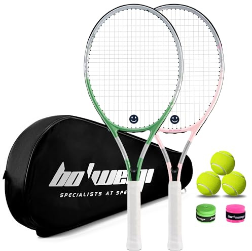 bo'weiqi 27 Tennis Racket Set for Adults 2 Players Lightweight Pre-Strung Tennis Racquets for Beginners, Including 3 Balls, 2 Overgrips, 2 Vibration Dampers and 1 Bag Easy Carry(Green and Pink)