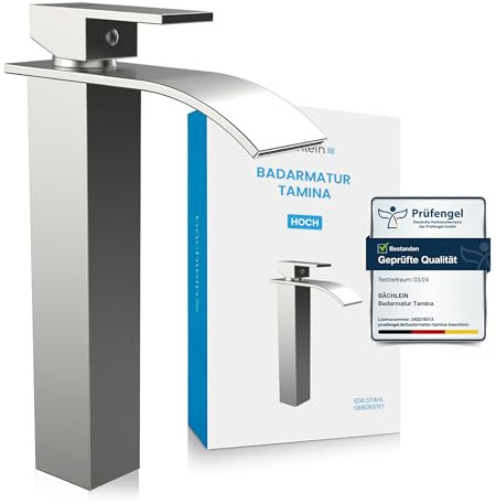 Bächlein Grifo de baño Tamina alto, diseño en cascada, mezclador monomando extra alto, con juego de montaje para lavabo, grifo de baño, en acero inoxidable cepillado
