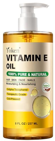 Yoken Vitamin E Oil 8 Fl Oz Organic Vitamin E oil for Skin Vitamine oils for Scars Hair,Face,Nail,Scalp Perfect Bath and Body Oil Cold Pressed Hexane Free Non-GMO Gluten Free Formula