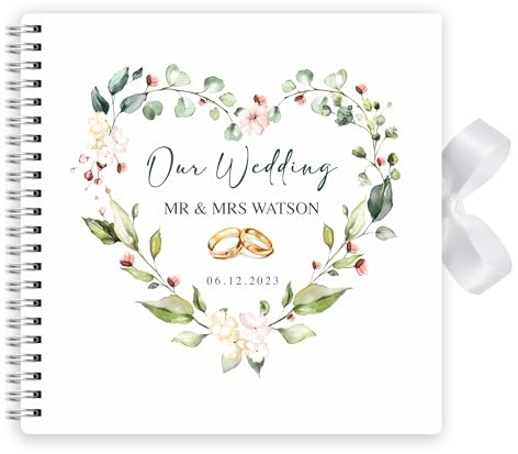 Personalised Wedding Scrapbook Guest Signature Book Couple Keepsake Photo Album Gift With Ribbon Closure - 20cm x 20cm - 50 Sheets (Heart Floral Rings)