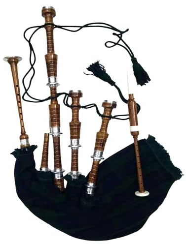 Tartancity Great Highland Bagpipes - Gaita de palisandro natural con herrajes plateados, tamaño completo, tocable, con libro y bolsa de transporte gratuitos