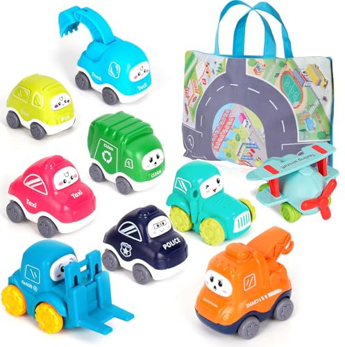 9 Stück Spielzeugfahrzeug Set, Spielzeugautos ab 1 Jahr Autospielzeug, Fahrzeuge mit Kräne, Kleine Autos, Mini Truck Modellautos, Bagger LKW Geburtstagsgeschenk für Jungen und Mädchen 1 bis 3 Jahren